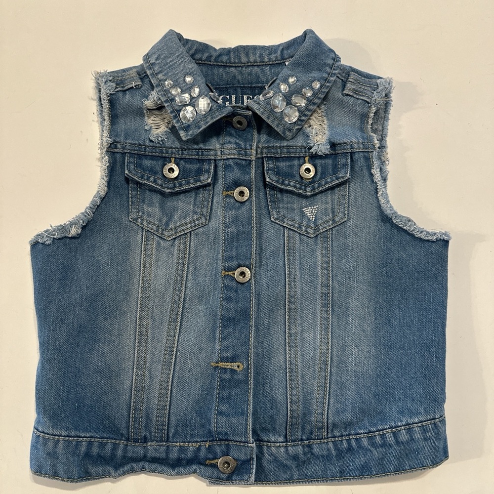 Guess Denim Vest with Studded Collar with rhinestone girls‎ size large(14)